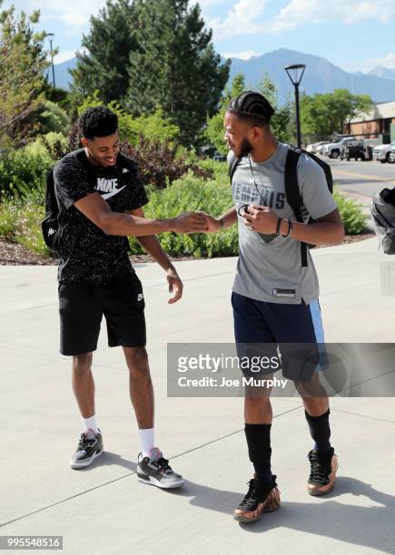 Stephens and Markel Crawford of the Memphis Grizzlies arrive before practice on July 5, 2018 at the University of Utah in Salt Lake City, Utah. NOTE...