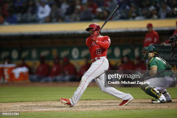 Justin Upton of the Los Angeles Angels of Anaheim bats during the game against the Oakland Athletics at the Oakland Alameda Coliseum on June 15, 2018...