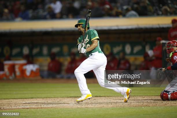 Marcus Semien of the Oakland Athletics bats during the game against the Los Angeles Angels of Anaheim at the Oakland Alameda Coliseum on June 15,...