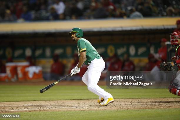 Marcus Semien of the Oakland Athletics bats during the game against the Los Angeles Angels of Anaheim at the Oakland Alameda Coliseum on June 15,...