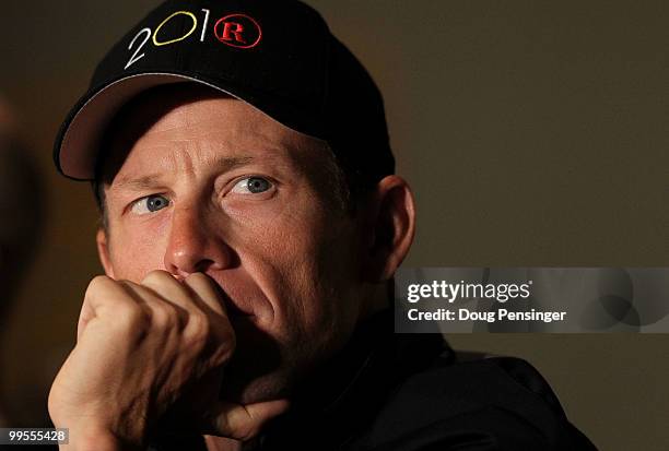 Lance Armstrong of Team Radio Shack addresses the media during a press conference prior to the 2010 Tour of California at the Sacramento Convention...