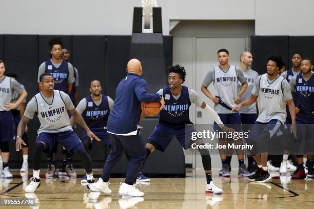 Kobi Simmons of the Memphis Grizzlies plays defense during practice on July 5, 2018 at the University of Utah in Salt Lake City, Utah. NOTE TO USER:...