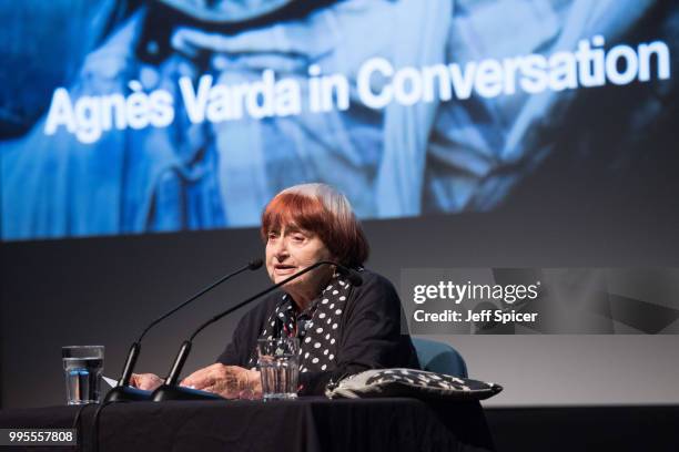 Director Agnes Varda appears in conversation during a major season celebrating her work at BFI Southbank on July 10, 2018 in London, England.