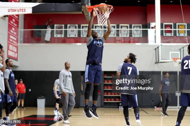 Jaren Jackson Jr. #13 of the Memphis Grizzlies dunks the ball during practice on July 5, 2018 at the University of Utah in Salt Lake City, Utah. NOTE...