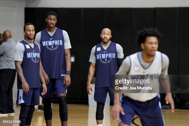 Dee Bost, Jaren Jackson Jr. #13, and Jevon Carter of the Memphis Grizzlies look on during practice on July 5, 2018 at the University of Utah in Salt...