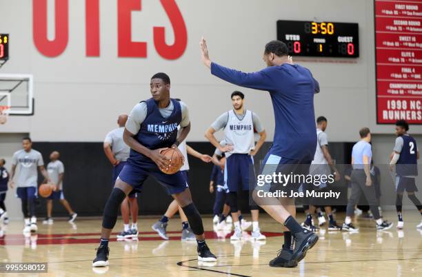 Jaren Jackson Jr. #13 of the Memphis Grizzlies handles the ball during practice on July 5, 2018 at the University of Utah in Salt Lake City, Utah....