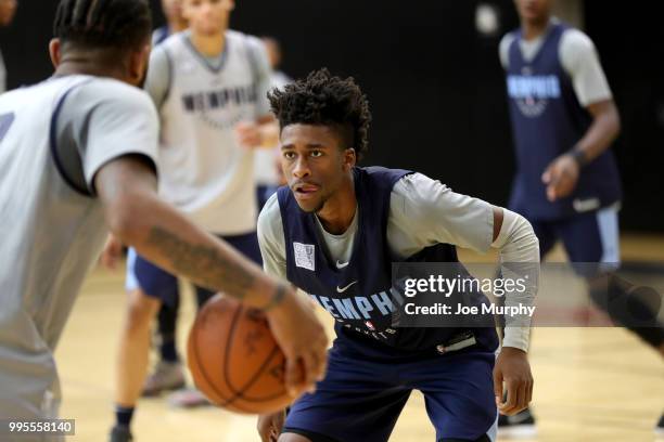 Kobi Simmons of the Memphis Grizzlies plays defense during practice on July 5, 2018 at the University of Utah in Salt Lake City, Utah. NOTE TO USER:...