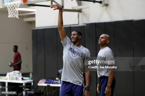 Jaren Jackson Jr. #13 and Assistant Coach Jerry Stackhouse of the Memphis Grizzlies during practice on July 5, 2018 at the University of Utah in Salt...