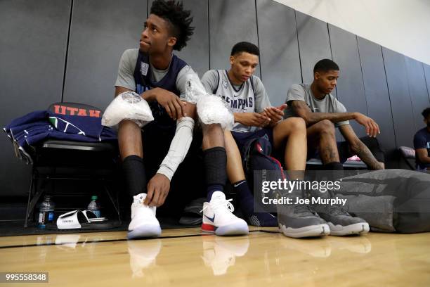 Kobi Simmons of the Memphis Grizzlies receives treatment after practice on July 5, 2018 at the University of Utah in Salt Lake City, Utah. NOTE TO...