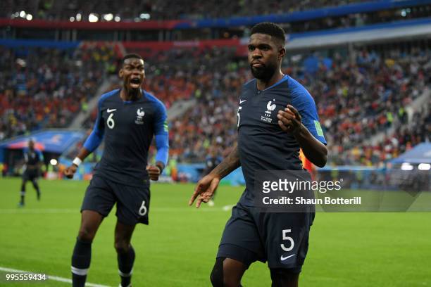 Samuel Umtiti of France celebrates after scoring his team's first goal during the 2018 FIFA World Cup Russia Semi Final match between Belgium and...