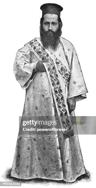 ilustraciones, imágenes clip art, dibujos animados e iconos de stock de sacerdote ortodoxo griego de jerusalén, israel - imperio otomano - vestimenta-histórica