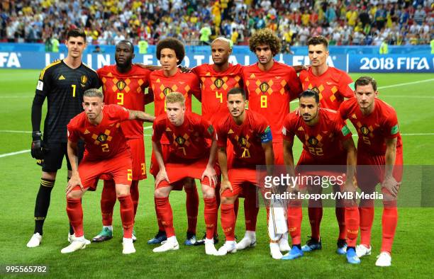 Belgian players pose for a team picture before the 2018 FIFA World Cup Russia Quarter Final match between Brazil and Belgium at Kazan Arena on July...