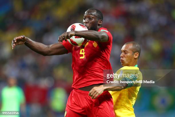 Romelu Lukaku and Miranda pictured in action during the 2018 FIFA World Cup Russia Quarter Final match between Brazil and Belgium at Kazan Arena on...