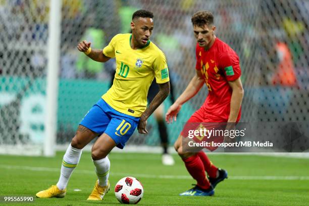 Neymar and Thomas Meunier pictured in action during the 2018 FIFA World Cup Russia Quarter Final match between Brazil and Belgium at Kazan Arena on...