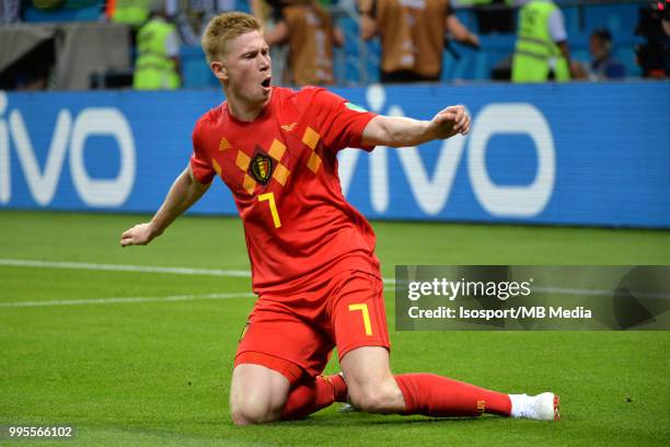 Kevin De Bruyne celebrates after scoring a goal during the 2018 FIFA World Cup Russia Quarter Final match between Brazil and Belgium at Kazan Arena...