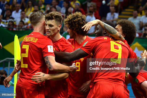 Toby Alderweireld, Thomas Meunier, Marouane Fellaini, Romelu Lukaku, Axel Witsel and Kevin De Bruyne celebrate after scoring a goal during the 2018...