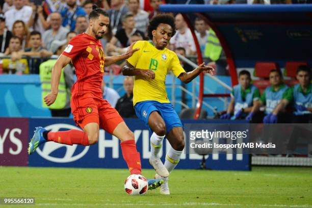 Nacer Chadli and Willian pictured in action during the 2018 FIFA World Cup Russia Quarter Final match between Brazil and Belgium at Kazan Arena on...