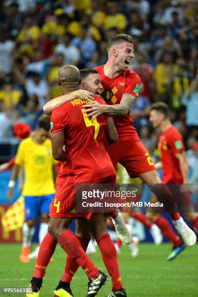 Vincent Kompany, Thomas Vermaelen and Toby Alderweireld celebrate after winning the 2018 FIFA World Cup Russia Quarter Final match between Brazil and...