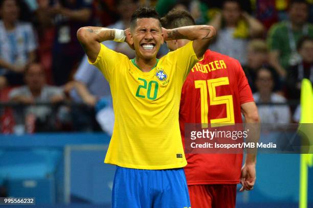Roberto Firmino looks dejected during the 2018 FIFA World Cup Russia Quarter Final match between Brazil and Belgium at Kazan Arena on July 6, 2018 in...