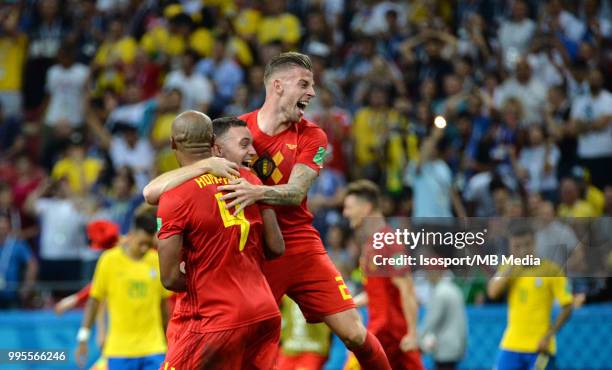 Vincent Kompany, Thomas Vermaelen and Toby Alderweireld celebrate after winning the 2018 FIFA World Cup Russia Quarter Final match between Brazil and...