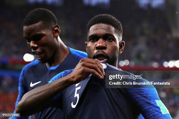 Samuel Umtiti of France celebrates after scoring his sides first goal during the 2018 FIFA World Cup Russia Semi Final match between Belgium and...