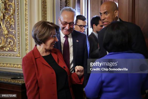 Sen. Amy Klobuchar , Senate Minority Leader Charles Schumer , Sen. Cory Booker and Sen. Mazie Hirono leave their caucus luncheon meeting at the U.S....