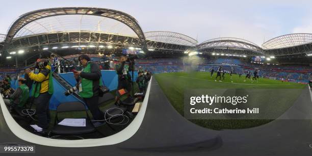 General view inside the stadium as teams warm up prior to the 2018 FIFA World Cup Russia Semi Final match between Belgium and France at Saint...