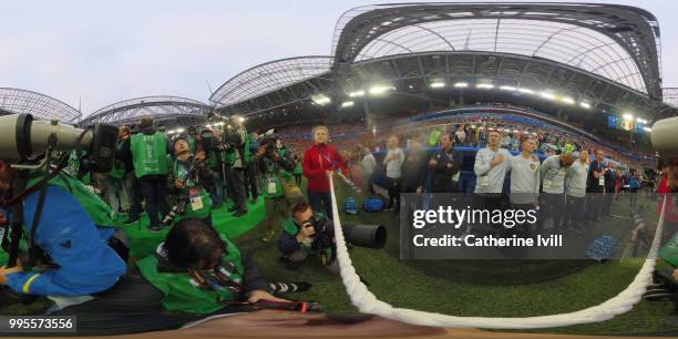 General view inside the stadium during national anthems prior to the 2018 FIFA World Cup Russia Semi Final match between Belgium and France at Saint...