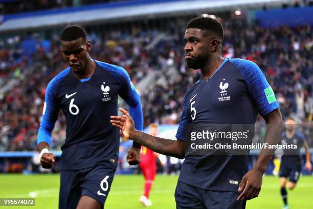 Samuel Umtiti of France celebrates after scoring his sides first goal during the 2018 FIFA World Cup Russia Semi Final match between Belgium and...