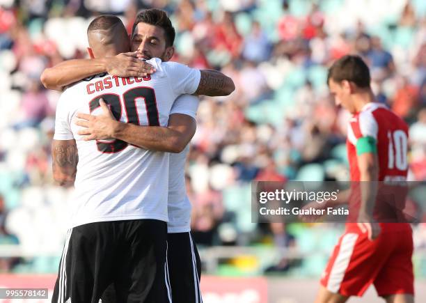 Benfica forward Nicolas Castillo from Chile celebrates with teammate SL Benfica midfielder Pizzi from Portugal after scoring a goal during the...