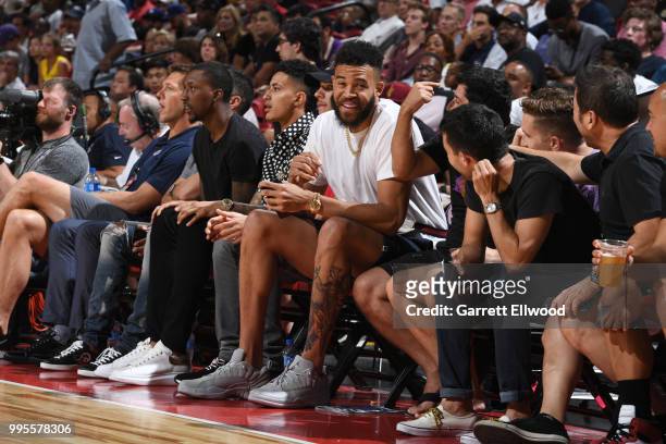 JaVale McGee of the the Los Angeles Lakers looks on during the game between the the Philadelphia 76ers and the Los Angeles Lakers during the 2018 Las...