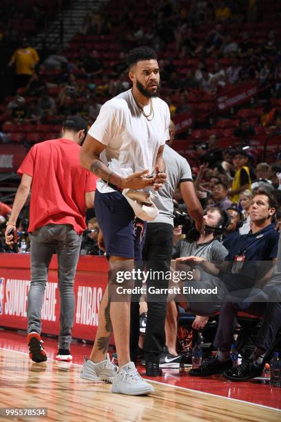 JaVale McGee of the the Los Angeles Lakers looks on during the game against the the Philadelphia 76ers during the 2018 Las Vegas Summer League on...