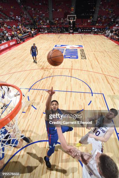 Devyn Marble of the Philadelphia 76ers shoots the ball against the Los Angeles Lakers during the 2018 Las Vegas Summer League on July 7, 2018 at the...