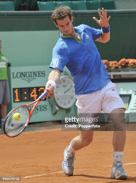 Andy Murray of Great Britain in action on day 7 of the French Open at Roland Garros in Paris on May 28, 2011.
