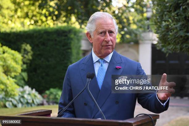 Britain's Prince Charles, Prince of Wales speaks at a reception for EU and Balkan leaders in the gardens of St James's Palace in central London...