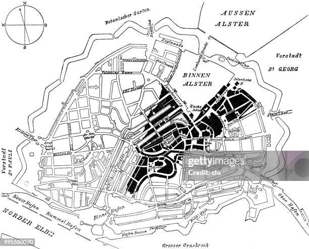 stadtplan der innenstadt von hamburg im jahre 1842 - hamburg stock-grafiken, -clipart, -cartoons und -symbole
