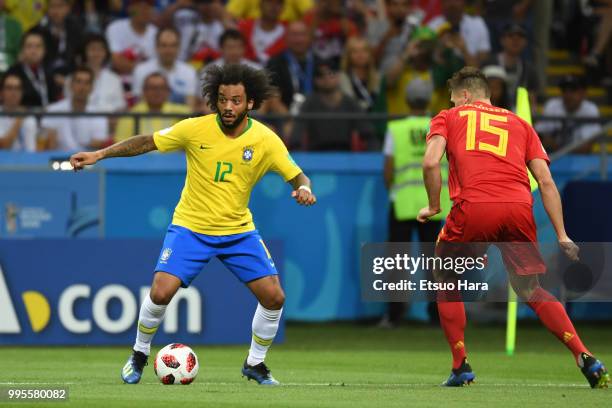 Marcelo of Brazil in action during the 2018 FIFA World Cup Russia Quarter Final match between Brazil and Belgium at Kazan Arena on July 6, 2018 in...