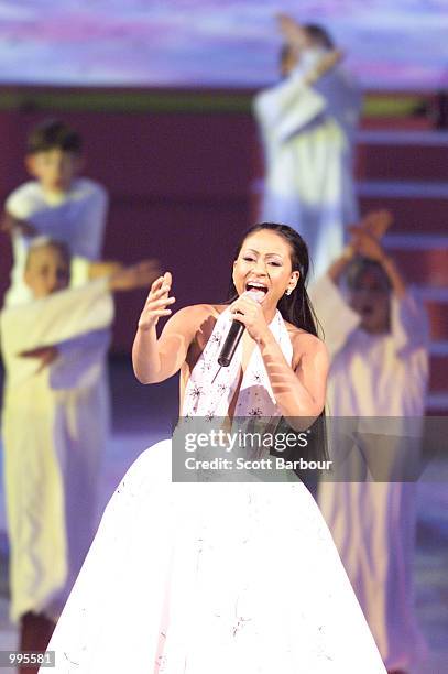 Debelah Morgan sings during the Opening Gala at the Brisbane Entertainment Centre ahead of the Goodwill Games in Brisbane, Australia. DIGITAL IMAGE....
