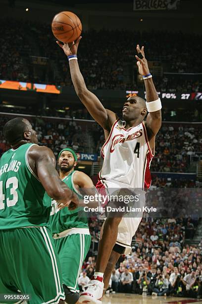 Antawn Jamison of the Cleveland Cavaliers shoots against Kendrick Perkins of the Boston Celtics in Game One of the Eastern Conference Semifinals...