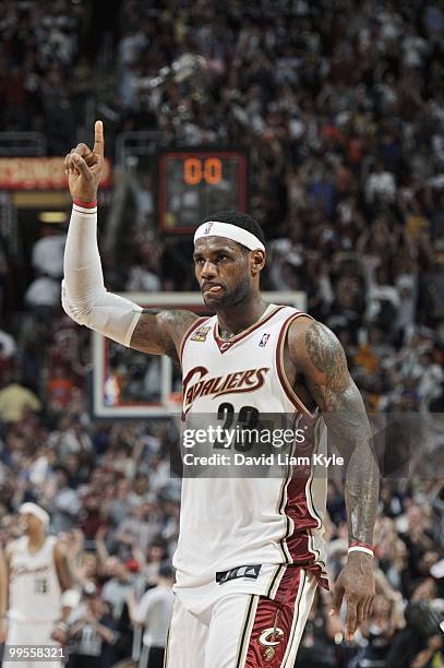 LeBron James of the Cleveland Cavaliers celebrates against the Boston Celtics in Game One of the Eastern Conference Semifinals during the 2010 NBA...