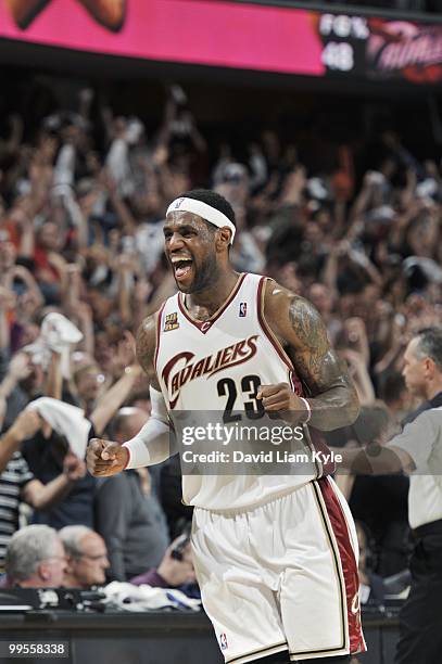 LeBron James of the Cleveland Cavaliers celebrates against the Boston Celtics in Game One of the Eastern Conference Semifinals during the 2010 NBA...