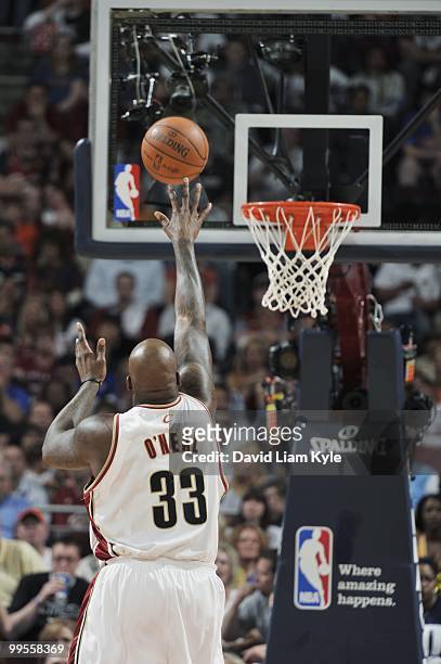 Shaquille O'Neal of the Cleveland Cavaliers shoots a free throw against the Boston Celtics in Game One of the Eastern Conference Semifinals during...