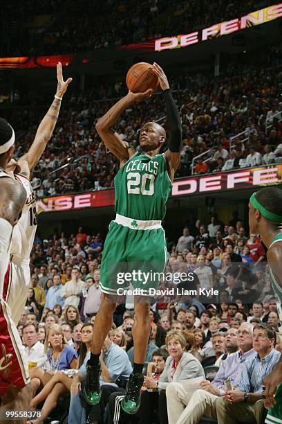 Ray Allen of the Boston Celtics shoots against the Cleveland Cavaliers in Game One of the Eastern Conference Semifinals during the 2010 NBA Playoffs...