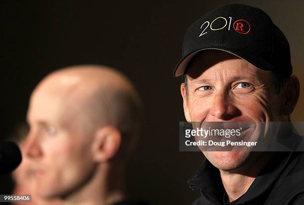 Lance Armstrong of Team Radio Shack and teammate Levi Leipheimer address the media during a press conference prior to the 2010 Tour of California at...
