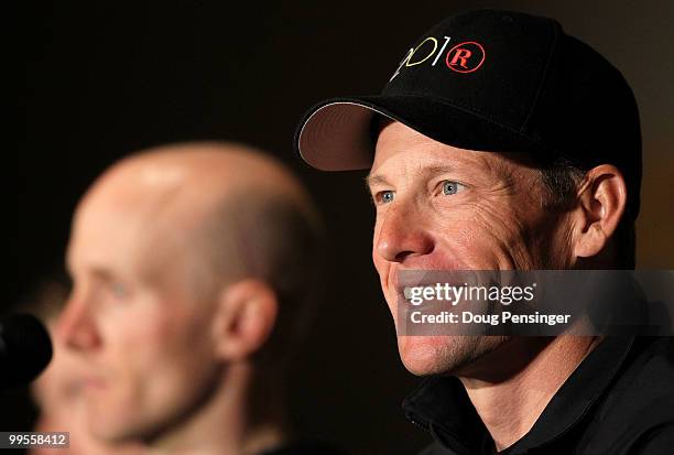 Lance Armstrong of Team Radio Shack and teammate Levi Leipheimer address the media during a press conference prior to the 2010 Tour of California at...