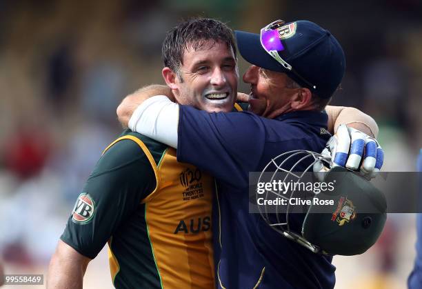 Michael Hussey of Australia celebrates with Tim Nielsen after the ICC World Twenty20 semi final between Australia and Pakistan at the Beausjour...