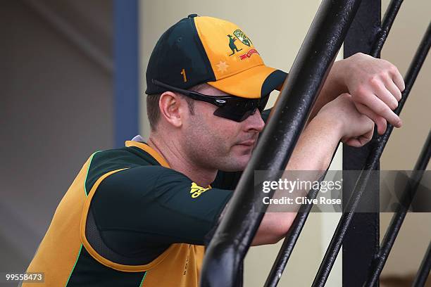 Michael Clarke of Australia looks on during the last over of the ICC World Twenty20 semi final between Australia and Pakistan at the Beausjour...