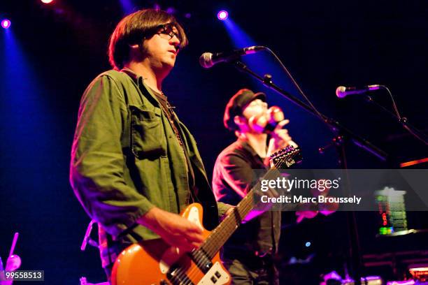 Matt Hollywood and Joel Gion of Brian Jonestown Massacre perform on stage at Shepherds Bush Empire on May 14, 2010 in London, England.