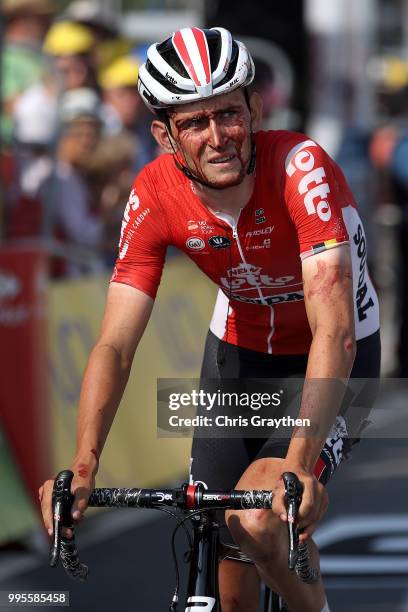 Arrival / Tiesj Benoot of Belgium and Team Lotto Soudal crosses the finish line after crashing during stage four of the 105th Tour de France 2018, a...
