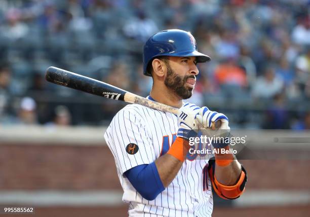 Jose Bautista of the New York Mets waits to bat against the Tampa Bay Rays during their game at Citi Field on July 7, 2018 in New York City.